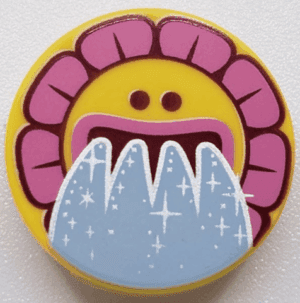 14769pb315 14769pb315 - Tile, Round 2 x 2 with Bottom Stud Holder with Sunflower Face, Dark Pink Flakes and Water Pouring from Mouth Pattern