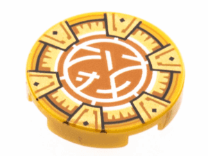 14769pb501 14769pb501 - Tile, Round 2 x 2 with Bottom Stud Holder with Gold Frame with 6 Chevrons, Dark Orange and White Core Logo Pattern