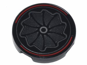 14769pb517 14769pb517 - Tile, Round 2 x 2 with Bottom Stud Holder with Silver Pinwheel Wheel Rim and Red Curved Lines Pattern