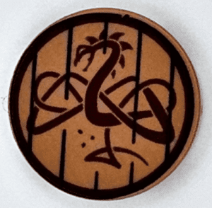 14769pb640 14769pb640 - Tile, Round 2 x 2 with Bottom Stud Holder with Dark Brown Border and Bars and Dark Red Dragon Pattern