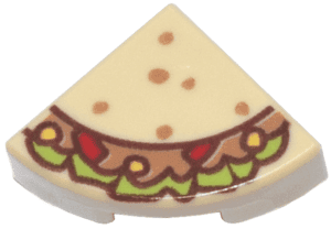 25269pb033 25269pb033 - Tile, Round 1 x 1 Quarter with Medium Nougat, Lime, Red and Yellow Taco Pattern