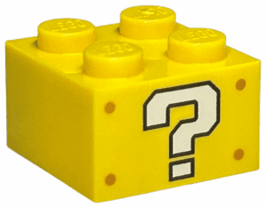3003pb118 3003pb118 - Brick 2 x 2 with White Question Mark and Medium Nougat Rivets Pattern on Opposite Sides (Super Mario ? Block)