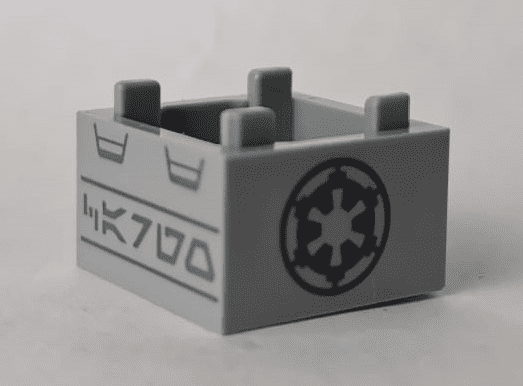 Container - doos 2 x 2 x 1, bovenopening met vlakke binnenbodem met donker blauwachtig grijs SW Imperial logo en Aurebesh karakters 'CARGO' (geprint)