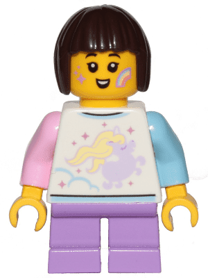 cty1153 Kind - Meisje, wit shirt met eenhoorn, korte medium lavendel  benen, donkerbruin bobkapsel, regenboog op de wang