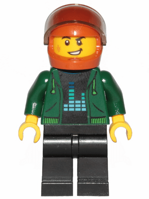 cty1223 Detective - Man, donkergroene hoodie, zwarte benen, donkeroranje helm, transparant bruin vizier