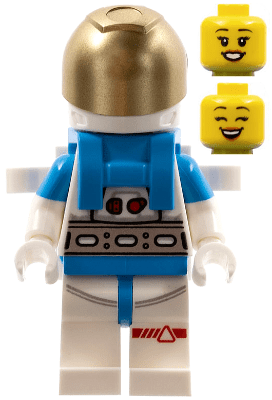 cty1409 Maanonderzoeks-astronaut - Vrouw, wit en donkerblauw pak, witte helm, metallic gouden vizier, rugzakclips, open mond glimlach