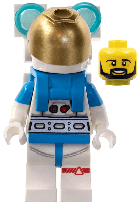cty1414 Maanonderzoeks-astronaut - Man, wit en donkerblauw pak, witte helm, metallic gouden vizier, rugzakverlichting, baard