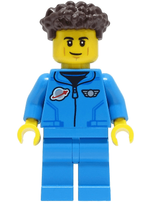 cty1421 Maanonderzoeks-astronaut - Man, donkerblauwe jumpsuit, donkerbruin krullend haar met korte, rechte zijkanten