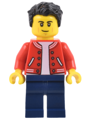 cty1440 Man - Rood jasje, donkerblauwe benen, zwart haar, grijns en wangrimpels