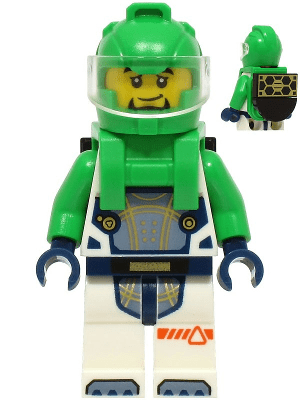 cty1706 Astronaut - Man, wit ruimtepak met felgroene armen, felgroene helm, transparant vizier, felgroen harnas met zonnepaneel, sikje