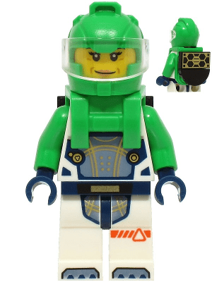 cty1753 Astronaut - Vrouw, wit ruimtepak met felgroene armen, felgroene helm, transparant vizier, felgroen harnas met zonnepaneel, gesloten mond