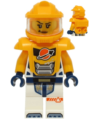 cty1754 Astronaut - Vrouw, wit ruimtepak met feloranje armen, feloranje helm, transparant vizier, feloranje pantser met staaf