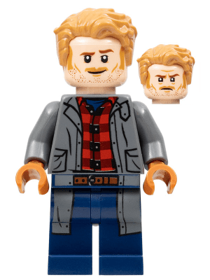 jw100 Minifiguur - Owen Grady, donker blauwachtig grijs jasje over flanellen overhemd