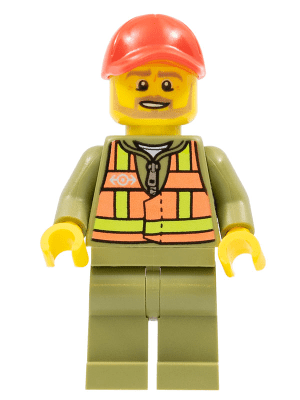 trn244 trn244 - Train Driver - Orange Safety Vest with Lime Straps, Olive Green Legs, Red Cap with Hole, Beard Dark Tan Angular