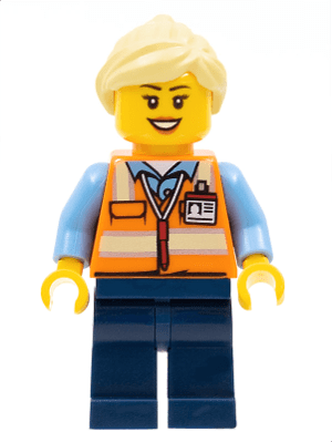 trn245 trn245 - Train Worker - Female, Orange Safety Vest with Badge, Dark Blue Legs, Bright Light Yellow Ponytail and Swept Sideways Fringe