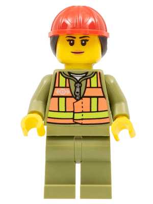 trn246 trn246 - Train Worker - Female, Orange Safety Vest with Lime Straps, Olive Green Legs, Red Construction Helmet with Dark Brown Ponytail Hair