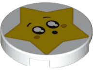14769pb249 14769pb249 - Tile, Round 2 x 2 with Bottom Stud Holder with Star Face, Round Mouth, Black Eyes with White Pupils, Raised Eyebrows, Orange Cheeks Pattern