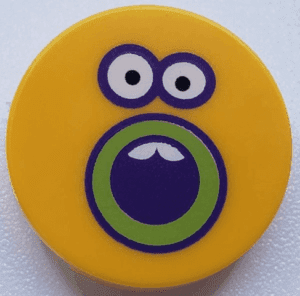 14769pb314 14769pb314 - Tile, Round 2 x 2 with Bottom Stud Holder with Sunflower Face, Dark Purple and Lime Outlined Open Mouth and Eyes Pattern