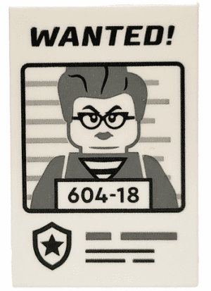 26603pb395 26603pb395 - Tile 2 x 3 with Black 'WANTED!' and Dark Bluish Gray Minifigure with '604-18' Pattern