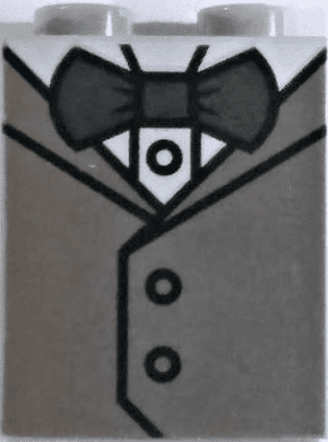 Steen, 1x2x2 met interne noppen houder met wit overhemd, metallic zilveren vest en donker blauwachtig grijze vlinderdas (BrickHeadz bruidegom) (geprint)