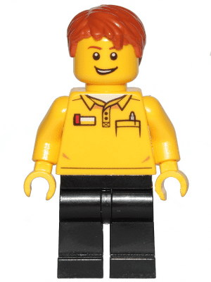 cty1239 LEGO-winkelmedewerker - zwarte benen, donkeroranje warrig haar, scheve grijns