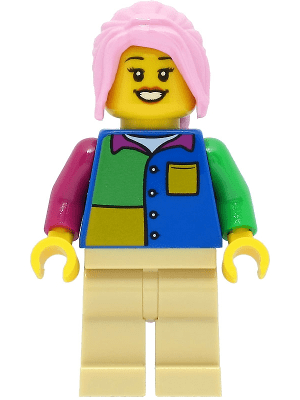 cty1474 Passagier - Vrouw, blauw overhemd, zandkleurige benen, felroze haar