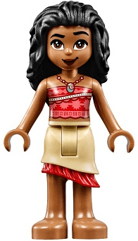 moa004 Minifiguur - Moana (medium nougat), koraal en rode strapless top, zandkleurige gelaagde rok met rode ruches, zwart haar (Mini Doll)