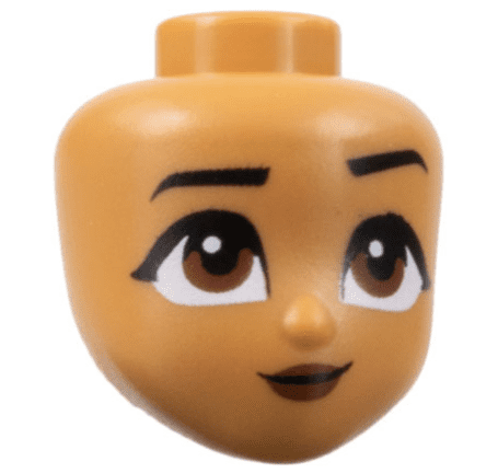 Mini Doll, Friends, hoofd met zwarte wenkbrauwen, links omhoog, roodachtig bruine ogen en lippen met een grijns (Moana)